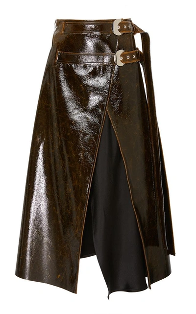 Beaufille Pistol Satin-trimmed Coated Wool-blend Wrap Midi Skirt In Brown