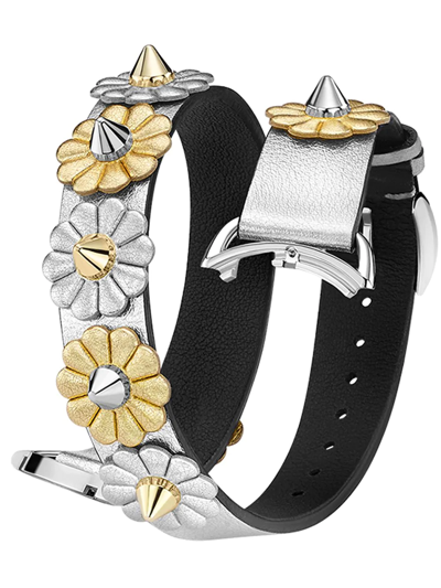 Fendi 17mm Catalan Metallic Flower-studded Leather Watch Strap In Silver/ Gold