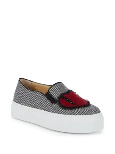 Charlotte Olympia Woman Ruffle-trimmed Embellished Suede Appliquéd Houndstooth Slip-on Sneakers Black
