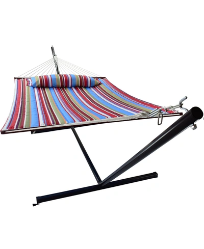 Sorbus Quilted Fabric Double Hammock With Stand Set, 4 Pieces In Blue/red