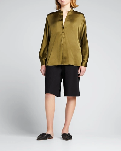 Vince Band-collar Silk Blouse In Olive