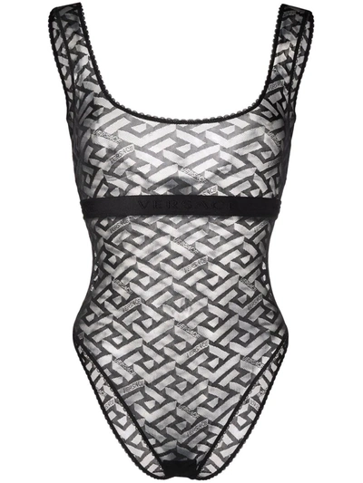 Versace La Greca Scoop-neck Stretch-woven Body In Black