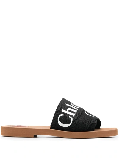 Chloé Woody Flat Logo Ribbon Slide Sandals In Black