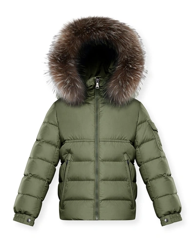 Moncler Kids' Boy's Byron Quilted Fur-trim Jacket In 89a Army Green