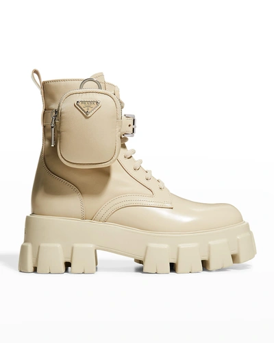 Prada Leather Zip Pocket Combat Booties In Beige