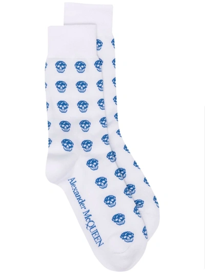 Alexander Mcqueen Man White Socks With Royal Blue All-over Skull