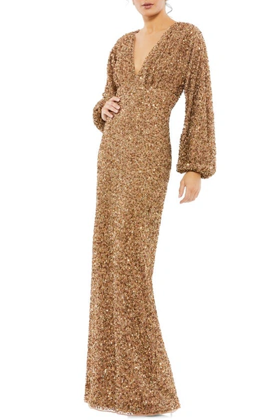 Mac Duggal Long Sleeve Empire Waist Sequin Gown In Bronze
