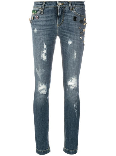 Dolce & Gabbana Button Embellished And Brocade Appliqué Distressed Jeans - Blue