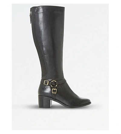 Dune Ladies Black Floral Vicky Harness Leather Knee-high Boots In Black-leather