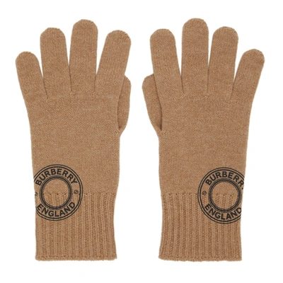 Burberry Tan Graphic Logo Gloves In Camel