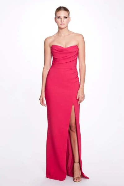 Marchesa Strapless Draped Thigh-slit Crepe Gown In Magenta