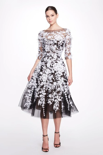 Marchesa Cascading Floral Embroidered Illusion Tulle Midi Dress In Black