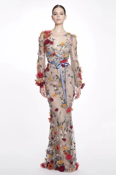 Marchesa Floral Long Sleeve Gown