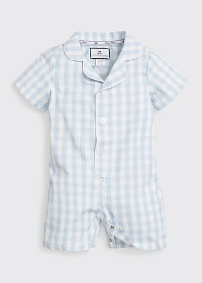 Petite Plume Kid's Gingham Romper W/ Contrast Piping In Blue