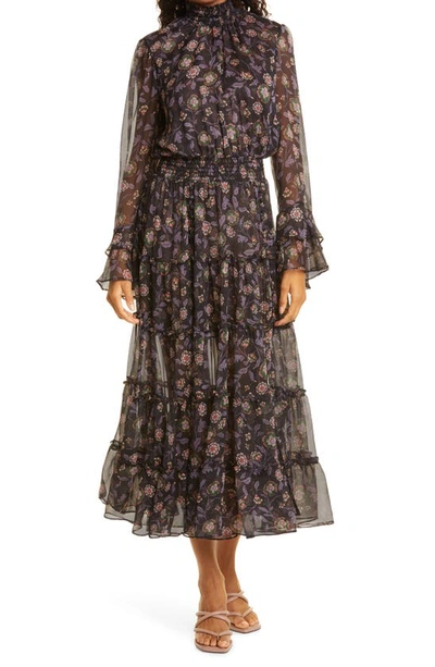 Misa Bethany Floral Long Sleeve Tiered Ruffle Dress In Nightshade Floral