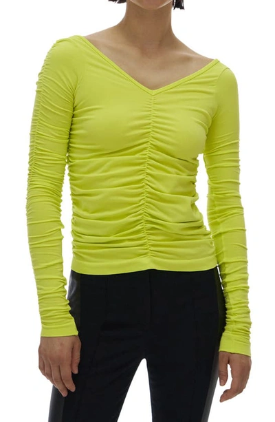 Helmut Lang Green Ruched V-neck Long Sleeve T-shirt In Yellow