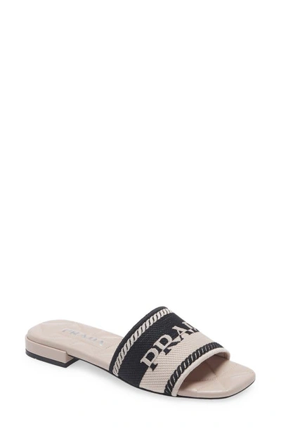 Prada Logo Embroidered Slide Sandals In Black