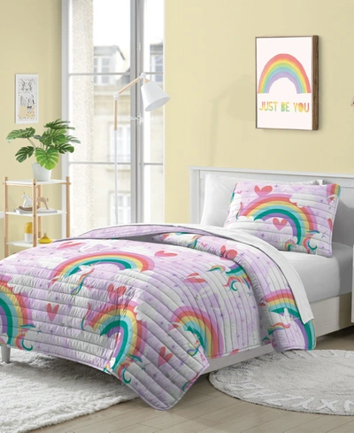 Dream Factory Unicorn Rainbow Twin Quilt Set, Set Of 2 Bedding In Purple