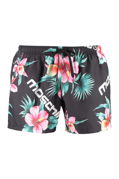 Moschino Floral-print Drawstring Swim Shorts In Black