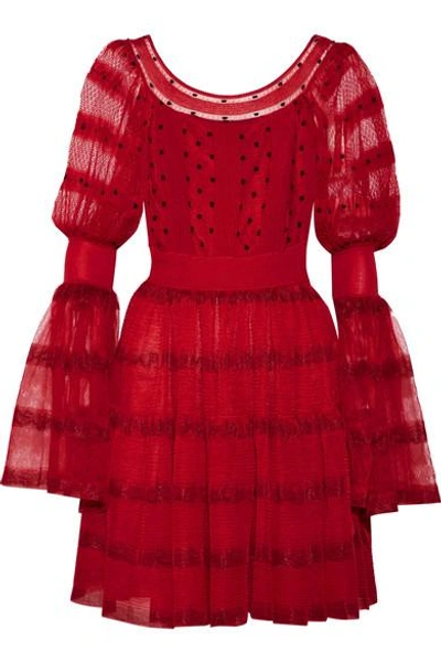 Alexander Mcqueen Stretch-knit Paneled Silk-blend Point D'esprit Mini Dress In Red-black