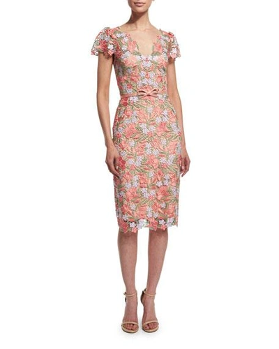 Marchesa Notte Short-sleeve Belted Lace Cocktail Dress In Coral