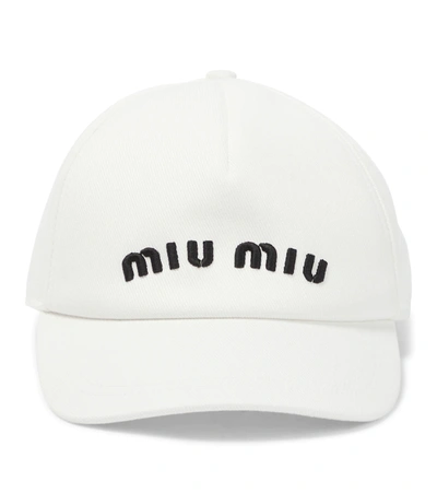 Miu Miu Logo Cotton Drill Baseball Cap In Bianco+nero