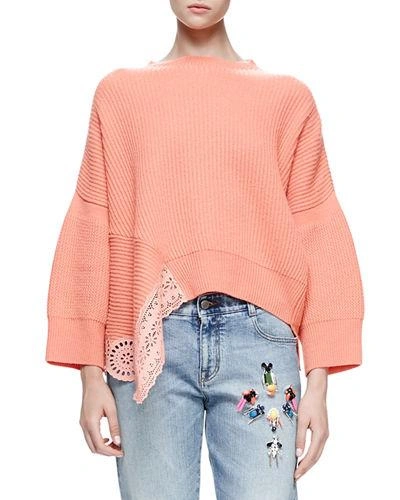 Stella Mccartney Long-sleeve Ribbed Sweater W/lace Inset In Peony