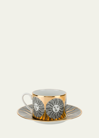 Fornasetti Tea Cup Sole Sunny Face In Black/gold