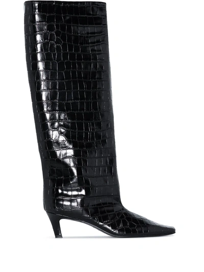 Totême The Wide Shaft Black Leather Knee-high Boots In Dark Brown Croco
