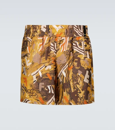 Fendi Mens Zafferano Abstract-print Relaxed-fit Silk Shorts 34 In Yellow/ Brown