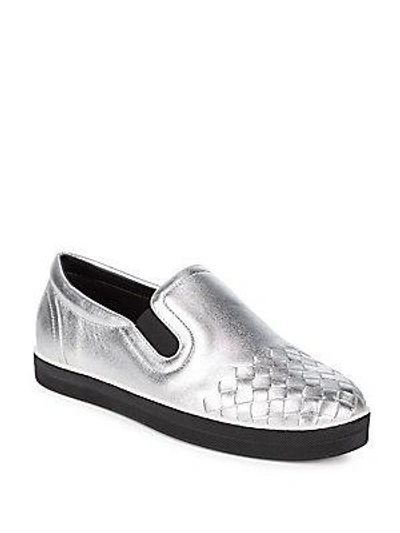 Bottega Veneta Woven Leather Slip-on Shoes In Silver