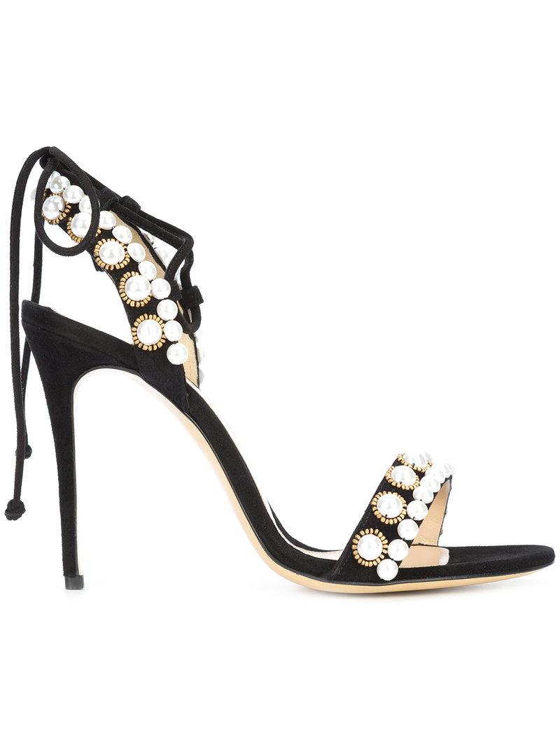 Monique Lhuillier Pearl Detail Stiletto Sandals In Noir ModeSens
