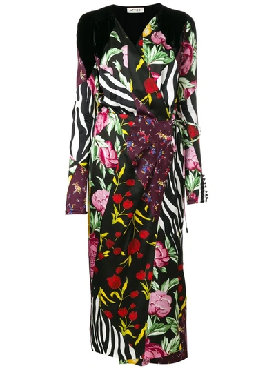 Attico Velvet-trimmed Paneled Printed Satin Wrap Midi Dress In Multicolor