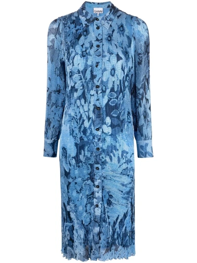 Ganni Pleated Georgette Shirt Dress In Blue | ModeSens