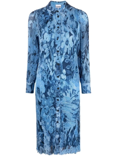 ganni pleated georgette dress blue Pleated Georgette Smock Midi Dress