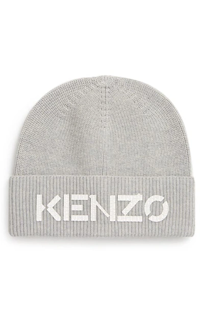 Kenzo Crackled Logo Wool Beanie In Pale Grey
