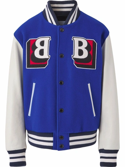 Burberry Felton B Logo Leather Sleeve Wool Blend Varsity Jacket In Blue