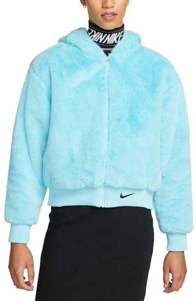 Nike Essentials Faux Fur Hooded Jacket In Aqua-blues