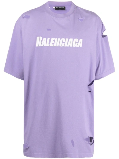 Balenciaga Oversized Distressed Printed Cotton-jersey T-shirt In Purple White
