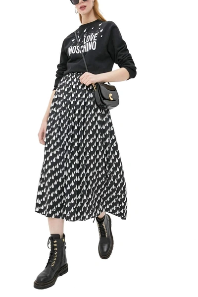 Love Moschino Pleated Printed Satin-twill Midi Skirt In Black