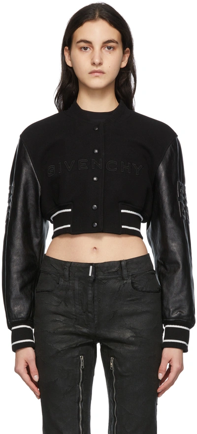 Givenchy Cropped Embroidered Wool-blend Fleece And Leather Bomber Jacket In Black/white