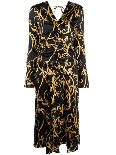 Ganni Baroque-print Gathered-detail Midi Dress In Black