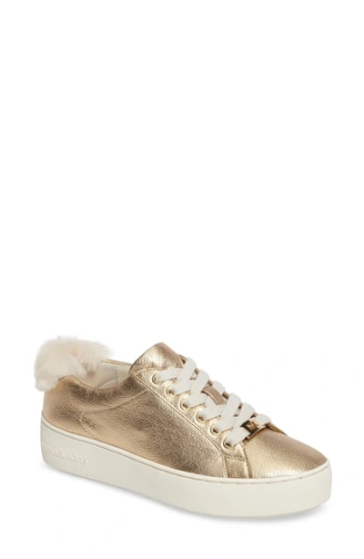 Michael Michael Kors Women's Poppy Leather & Shearling Cuff Platform Lace Up Sneakers In Pale Gold Metallic