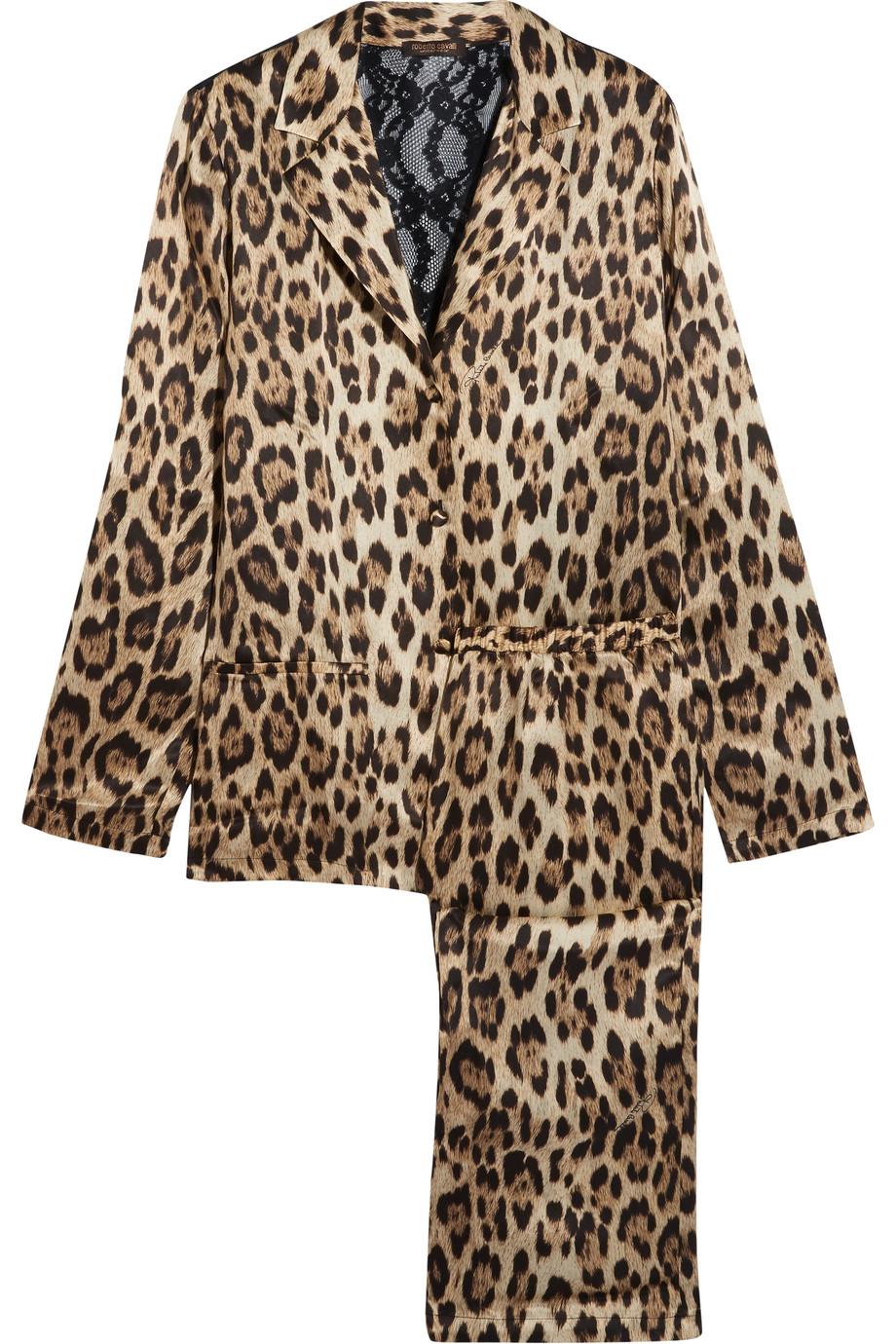 Roberto Cavalli Lace-paneled Leopard-print Satin Pajama Set | ModeSens