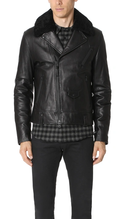 Mackage Leather Moto Jacket W/ Removable Shearling Collar In Black