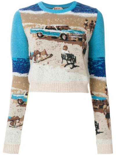 N°21 Nº21 Cropped Intarsia Knit Jumper - Blue In Multicolour