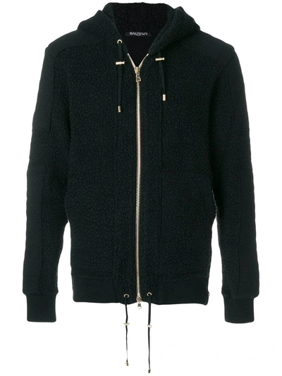Balmain Faux-shearling Wool-blend Hooded Sweatshirt In Black