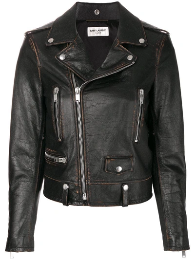 Saint Laurent Printed Distressed Nappa Leather Jacket In Black