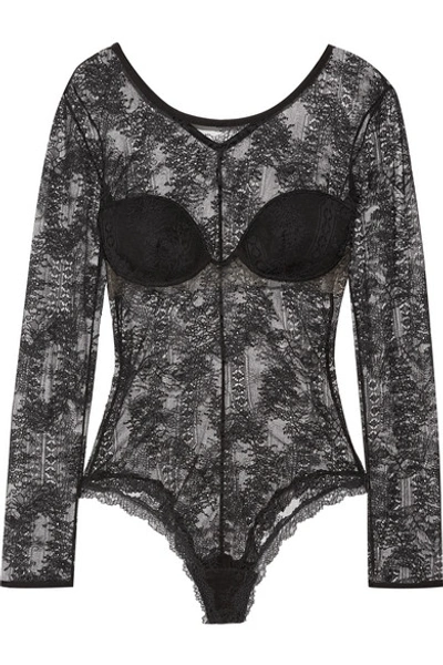La Perla Lace Frills Stretch-leavers Lace Bodysuit In Black