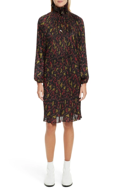 Opening Ceremony Pleated Floral-print Split-neck Dress In Jewel Red Multi